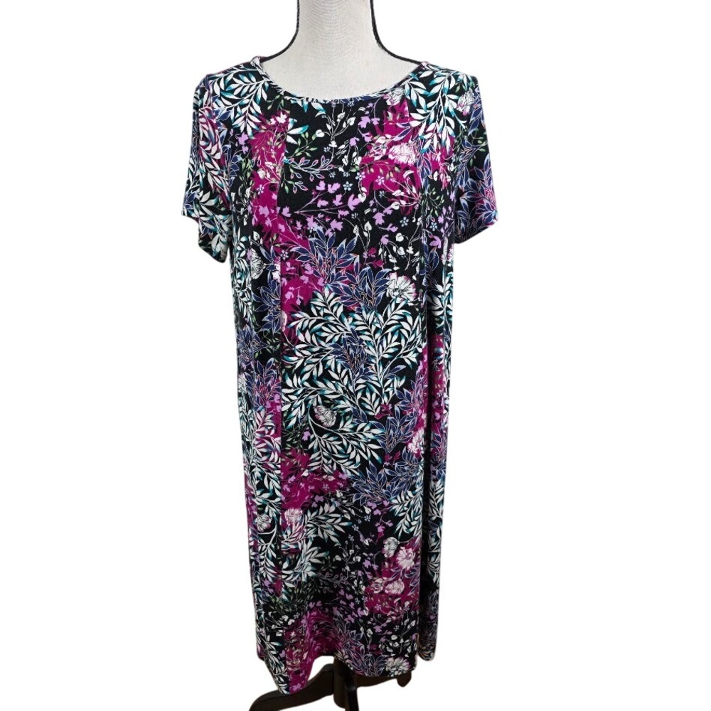 J. Jill Wearever Dress Womens‎ Med Purple Black Floral Leaf Print Shift Knit